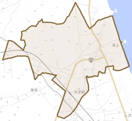 汲上とその周辺の地図。町の範囲を重ねている