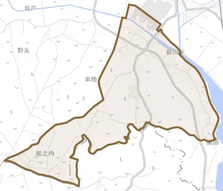 串挽とその周辺の地図。町の範囲を重ねている
