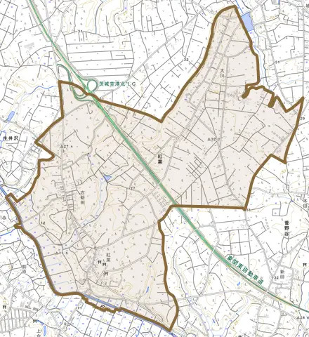 紅葉とその周辺の地図。町の範囲を重ねている