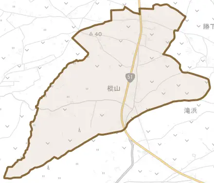 樅山とその周辺の地図。町の範囲を重ねている