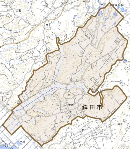 中居とその周辺の地図。町の範囲を重ねている