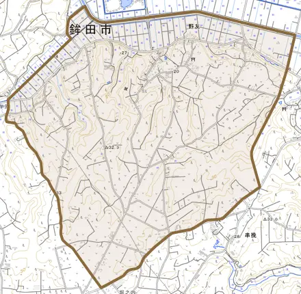 野友とその周辺の地図。町の範囲を重ねている
