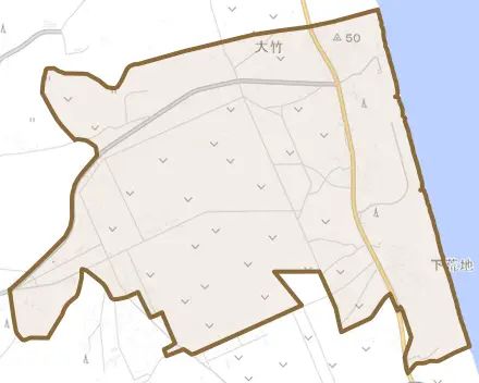 大竹とその周辺の地図。町の範囲を重ねている