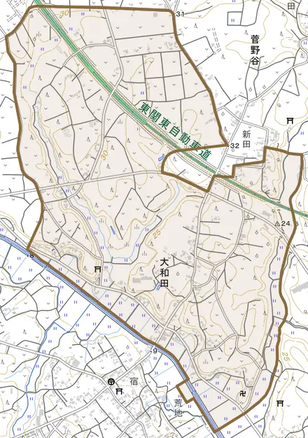 大和田とその周辺の地図。町の範囲を重ねている