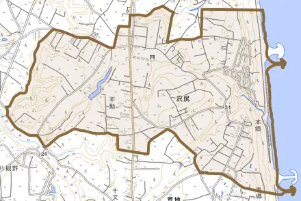 沢尻とその周辺の地図。町の範囲を重ねている