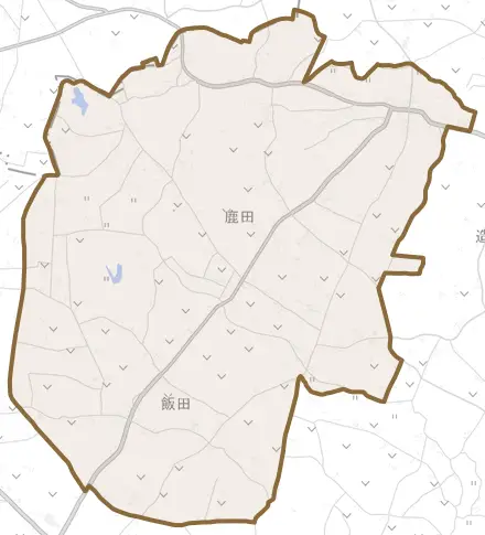 鹿田とその周辺の地図。町の範囲を重ねている