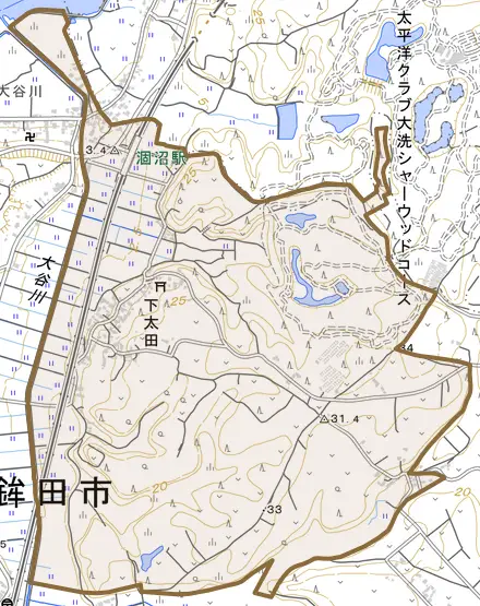 下太田とその周辺の地図。町の範囲を重ねている