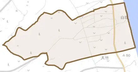 白塚とその周辺の地図。町の範囲を重ねている