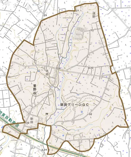 菅野谷とその周辺の地図。町の範囲を重ねている