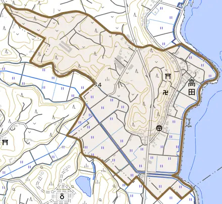 高田とその周辺の地図。町の範囲を重ねている