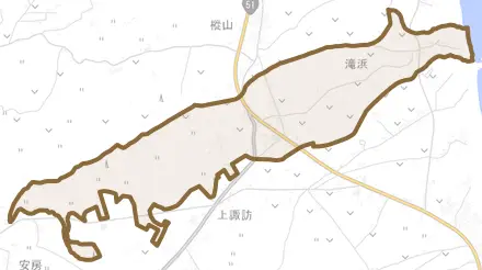 滝浜とその周辺の地図。町の範囲を重ねている