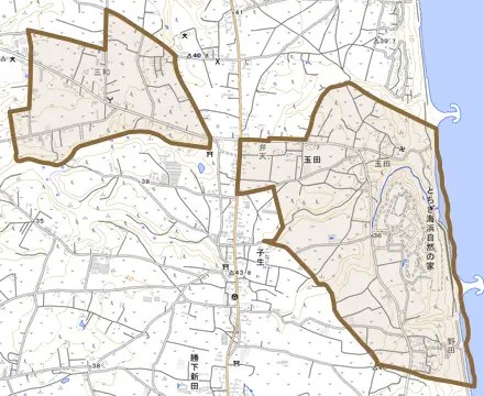 玉田とその周辺の地図。町の範囲を重ねている