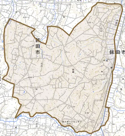 田崎とその周辺の地図。町の範囲を重ねている