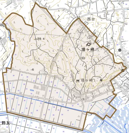 塔ケ崎とその周辺の地図。町の範囲を重ねている