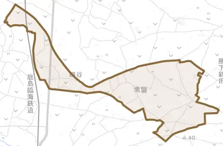 常磐とその周辺の地図。町の範囲を重ねている