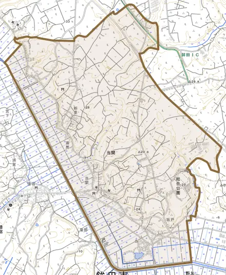 当間とその周辺の地図。町の範囲を重ねている