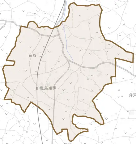造谷とその周辺の地図。町の範囲を重ねている