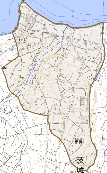 大字網掛とその周辺の地図。町の範囲を重ねている