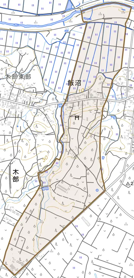 大字飯沼とその周辺の地図。町の範囲を重ねている