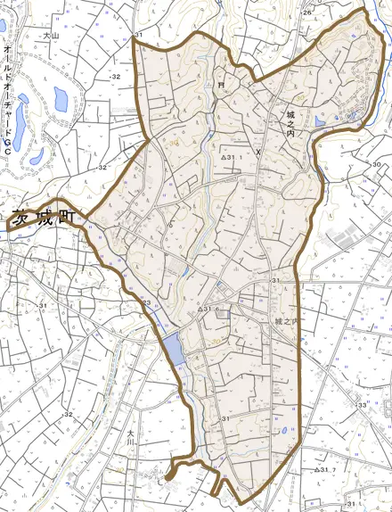 大字城之内とその周辺の地図。町の範囲を重ねている