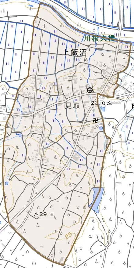 大字上飯沼とその周辺の地図。町の範囲を重ねている