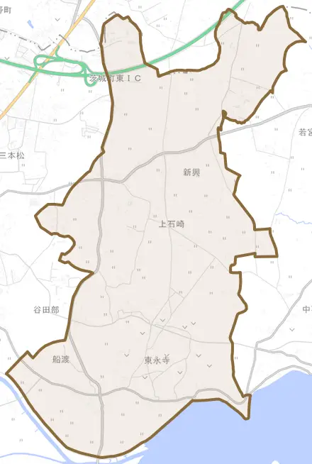 大字上石崎とその周辺の地図。町の範囲を重ねている