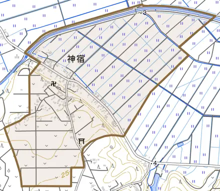 大字神宿とその周辺の地図。町の範囲を重ねている