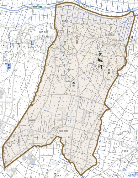 大字木部とその周辺の地図。町の範囲を重ねている