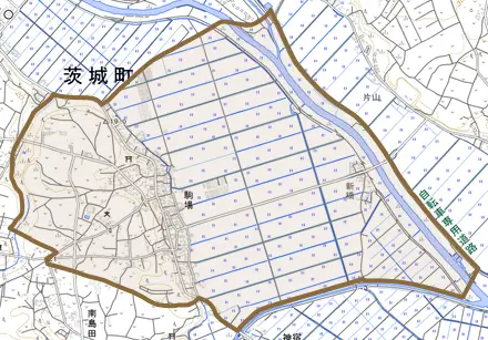 大字駒場とその周辺の地図。町の範囲を重ねている