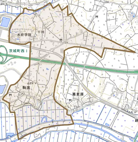 大字駒渡とその周辺の地図。町の範囲を重ねている