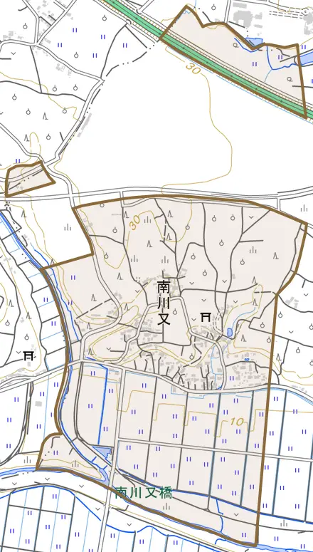 大字南川又とその周辺の地図。町の範囲を重ねている