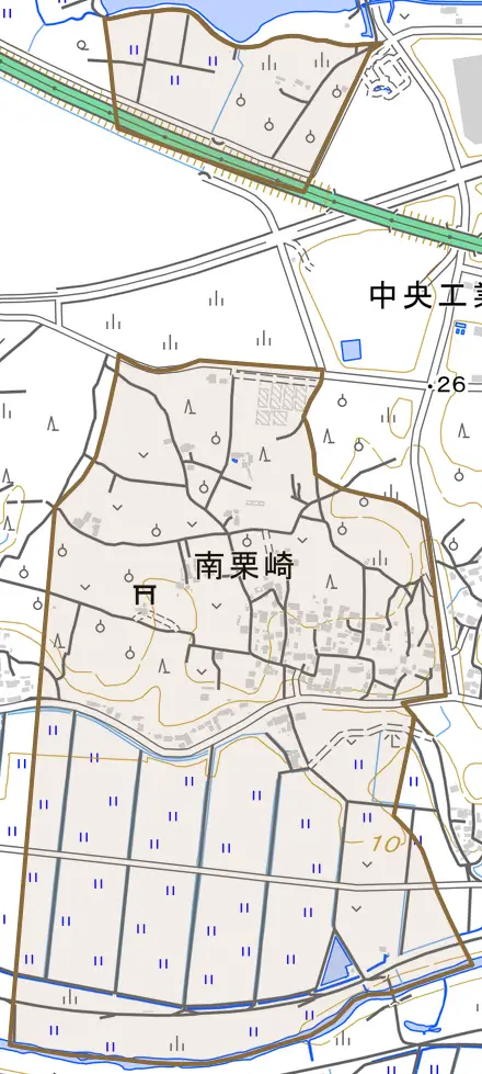 大字南栗崎とその周辺の地図。町の範囲を重ねている