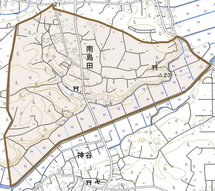 大字南島田とその周辺の地図。町の範囲を重ねている