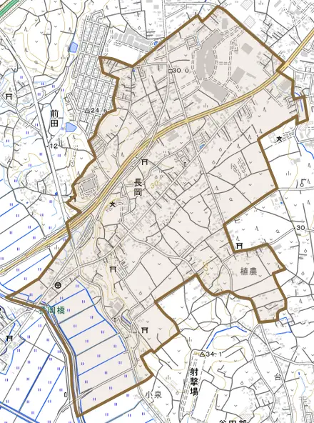 大字長岡とその周辺の地図。町の範囲を重ねている