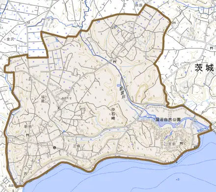 大字中石崎とその周辺の地図。町の範囲を重ねている