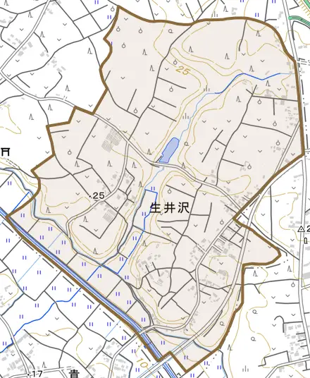 大字生井沢とその周辺の地図。町の範囲を重ねている