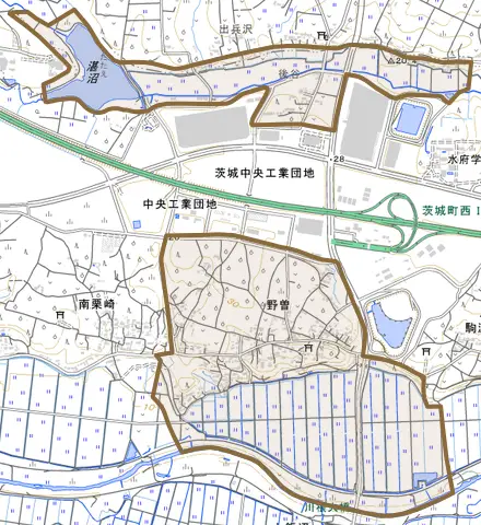 大字野曽とその周辺の地図。町の範囲を重ねている