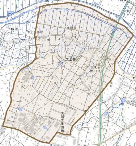 大字下土師とその周辺の地図。町の範囲を重ねている