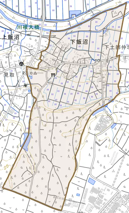 大字下飯沼とその周辺の地図。町の範囲を重ねている