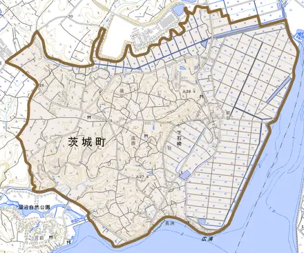 大字下石崎とその周辺の地図。町の範囲を重ねている