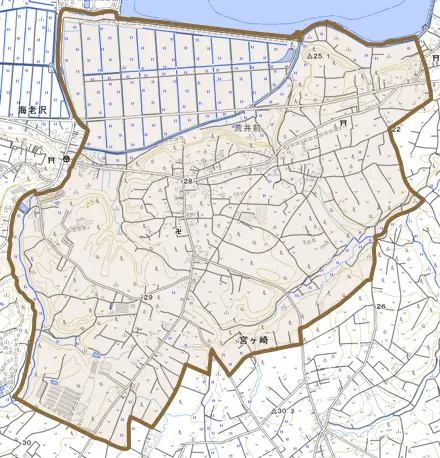 大字宮ヶ崎とその周辺の地図。町の範囲を重ねている