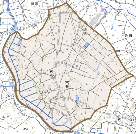 大字常井とその周辺の地図。町の範囲を重ねている