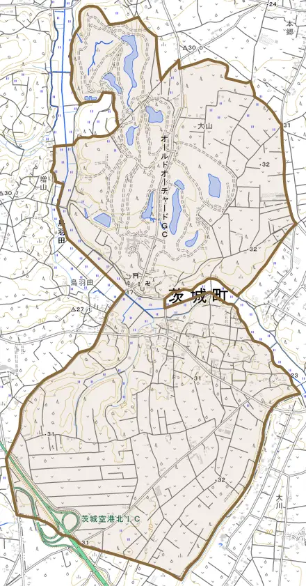 大字鳥羽田とその周辺の地図。町の範囲を重ねている
