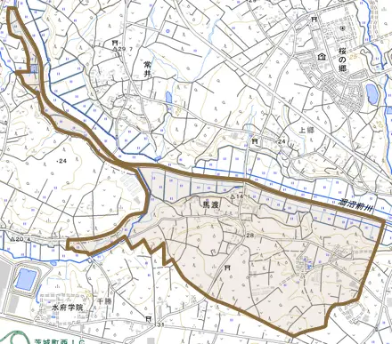 大字馬渡とその周辺の地図。町の範囲を重ねている
