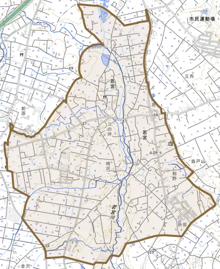 大字若宮とその周辺の地図。町の範囲を重ねている