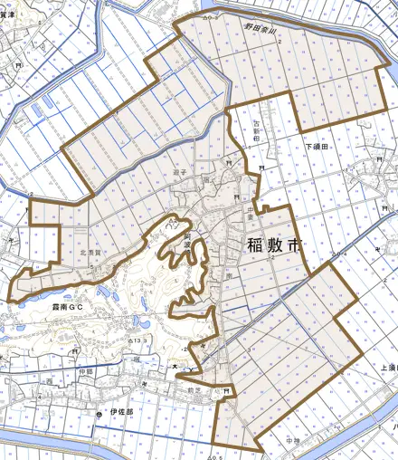 阿波崎とその周辺の地図。町の範囲を重ねている
