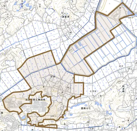 甘田とその周辺の地図。町の範囲を重ねている