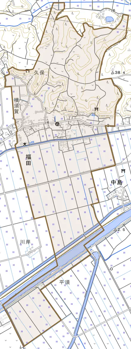 福田とその周辺の地図。町の範囲を重ねている