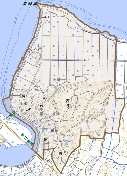 古渡とその周辺の地図。町の範囲を重ねている