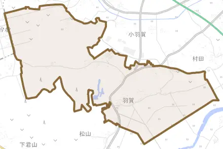 羽賀とその周辺の地図。町の範囲を重ねている